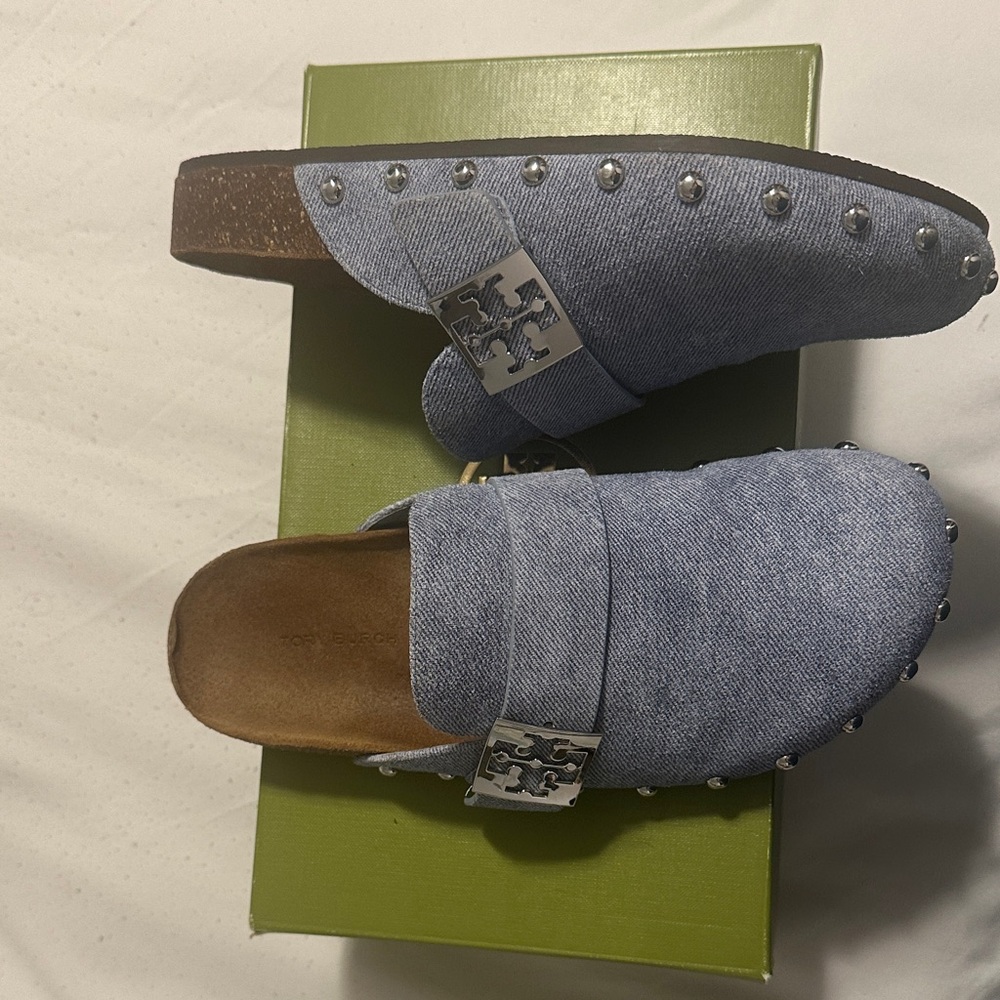 Tory Burch Light Blue Denim Mules with Silver Accents